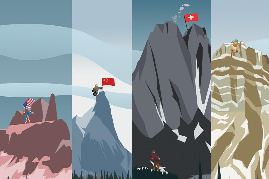 A group of people standing on top of a mountain.