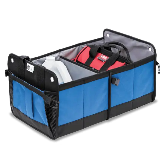 A blue and black car trunk bag with two compartments.