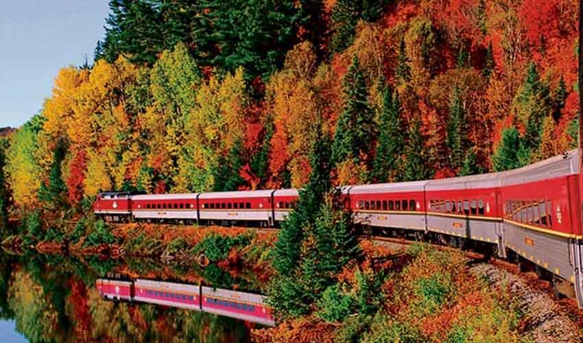A red and white train traveling along a river in the fall.