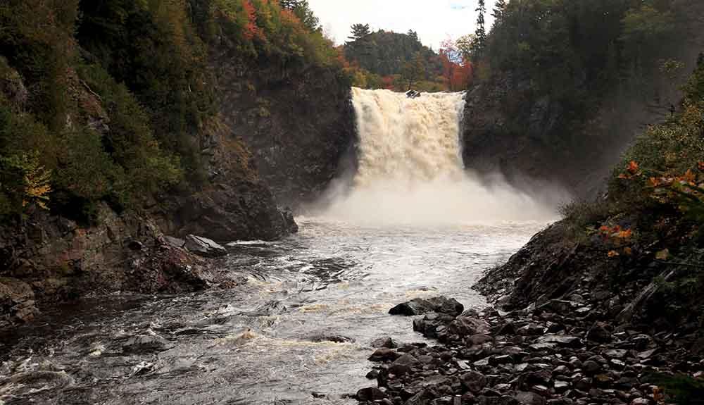 A large waterfall in the middle of a forest.