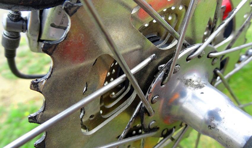 A close up of a bicycle's rear wheel.