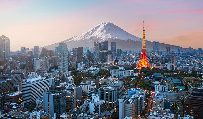A city with a mountain in the background.