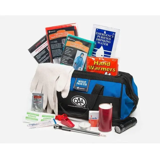 A blue bag with a variety of items in it.