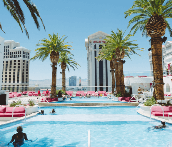 A sunny day at a resort pool surrounded by palm trees and lounge chairs with a view of a hotel in the background.