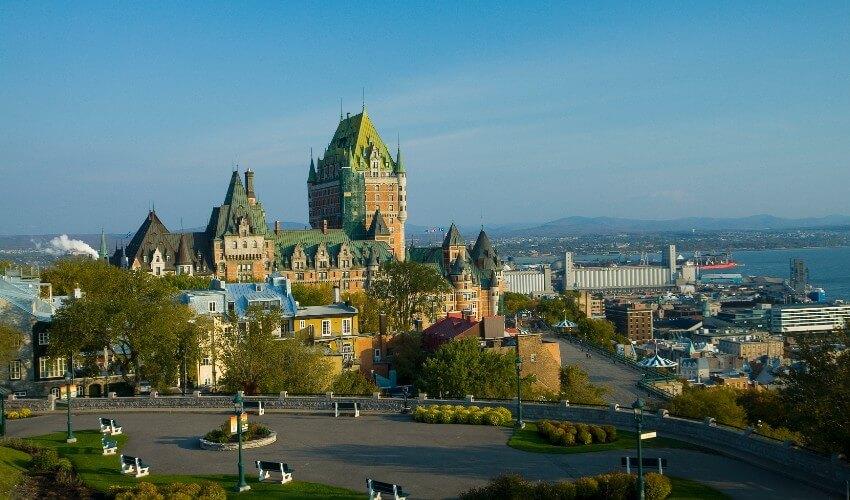 A view of the city of quebec from the top of a hill.