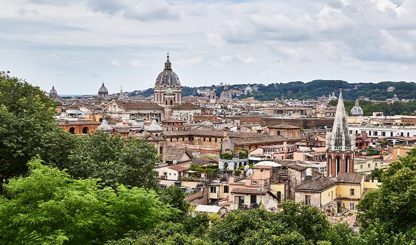 A view of a city from the top of a hill.