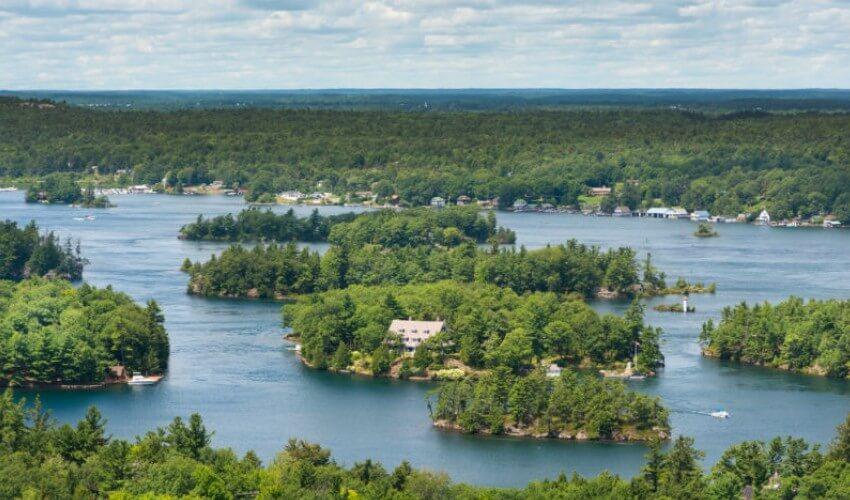 An aerial view of a lake surrounded by trees.