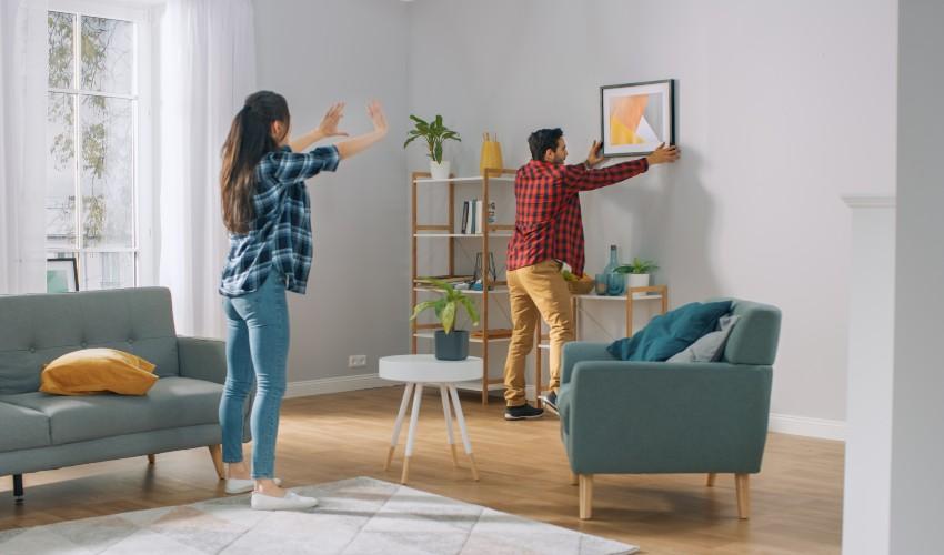 A man and woman standing in a living room with a picture hanging on the wall.