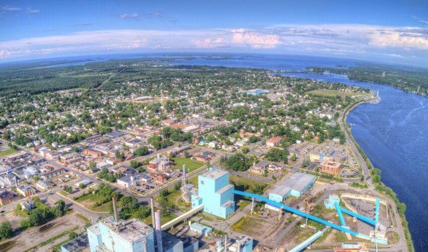 An aerial view of a city and river.