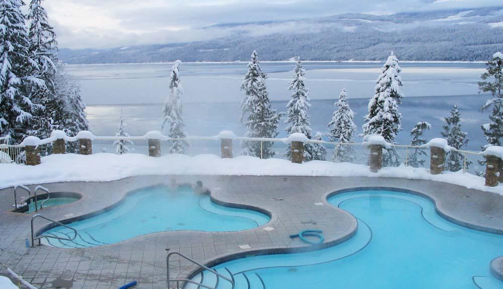 A hot tub surrounded by snow covered trees.