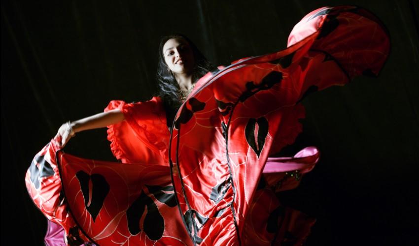 A woman in a red dress dancing on a stage.