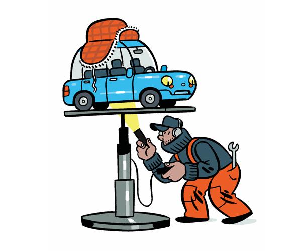 A cartoon man fixing a car on a lift.