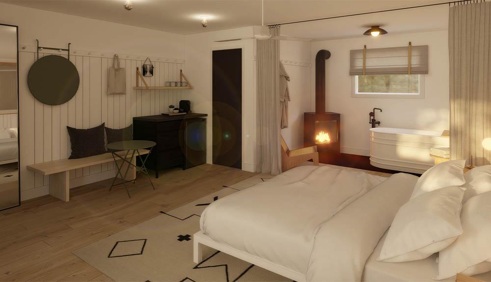 A room with a bed and a fireplace.