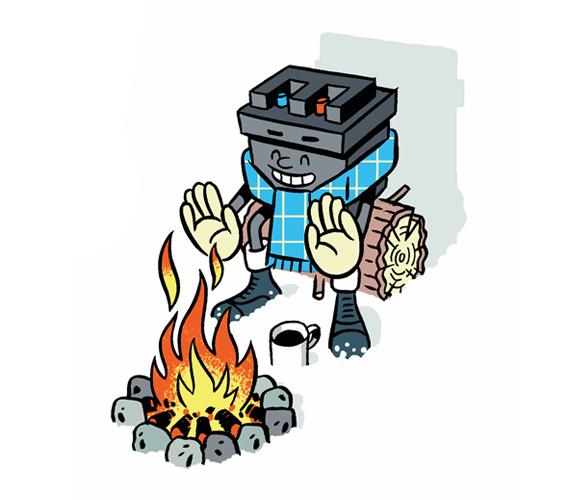 A cartoon character with a fire in front of him.