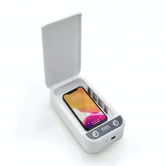 A cell phone in a white device.