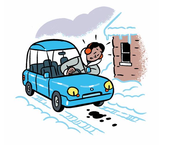 A cartoon of a man driving a blue car in the snow.