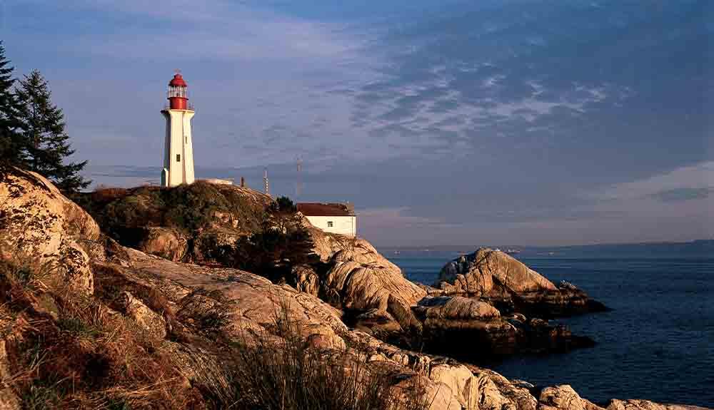 A lighthouse on a rocky cliff.