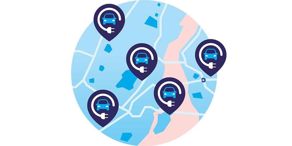 A map with several blue pins on it.