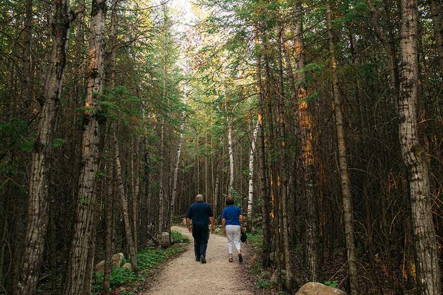 A couple walking down a path in the woods.