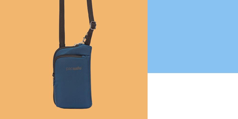 A blue and orange bag with a strap.