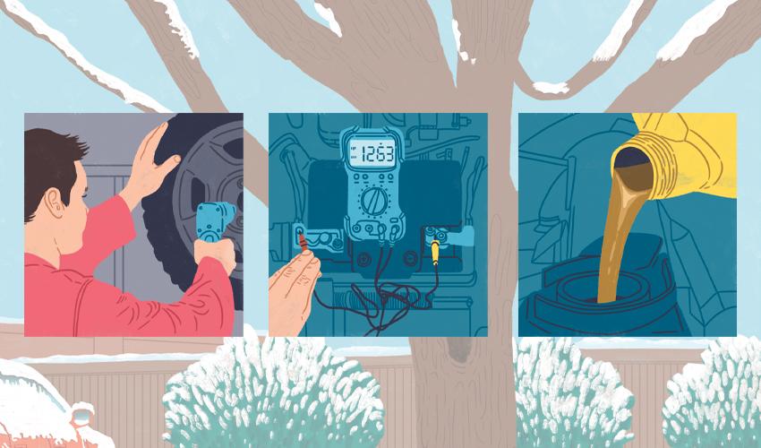 Illustrations of a man working on a car in the snow.