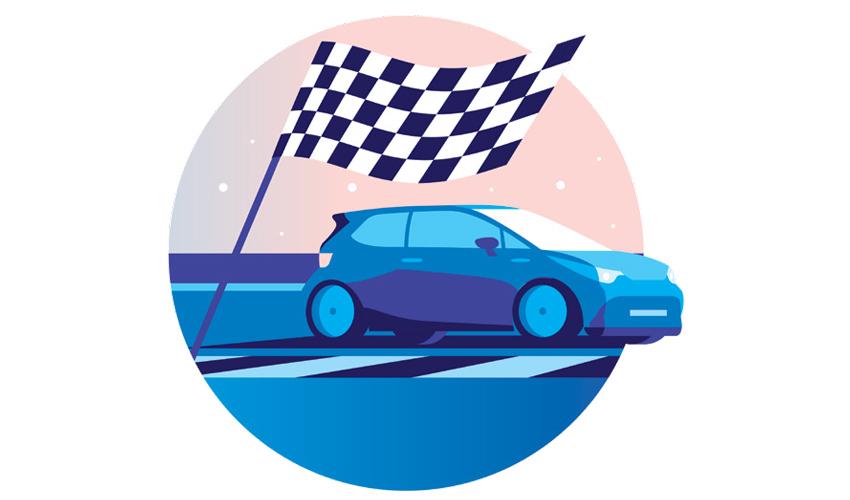 A blue car with a checkered flag on it.
