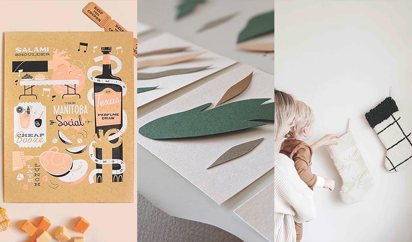 A collage of pictures of a child with a stocking hanging on a wall.