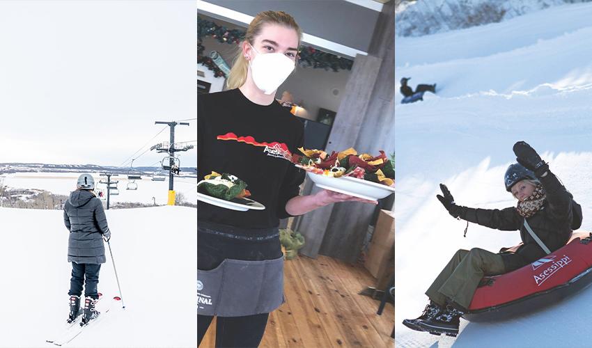 A collage of pictures of people on skis and sleds.