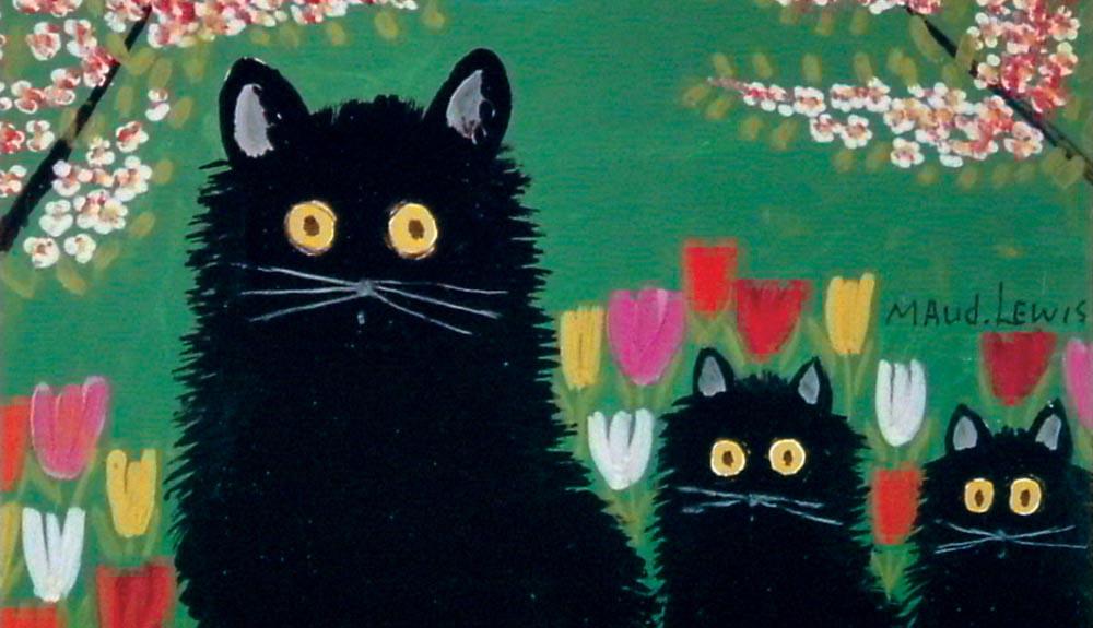 A painting of three black cats in front of tulips.
