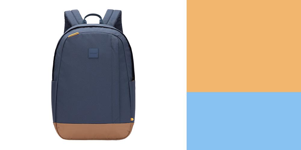A blue and tan backpack on a blue background.