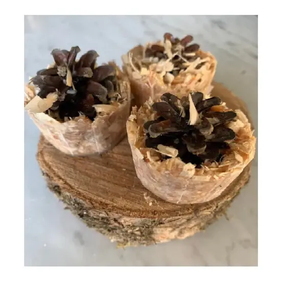 Three pine cones sitting on top of a piece of wood.
