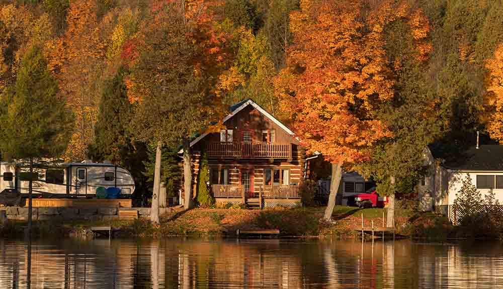 A house with trees around it.