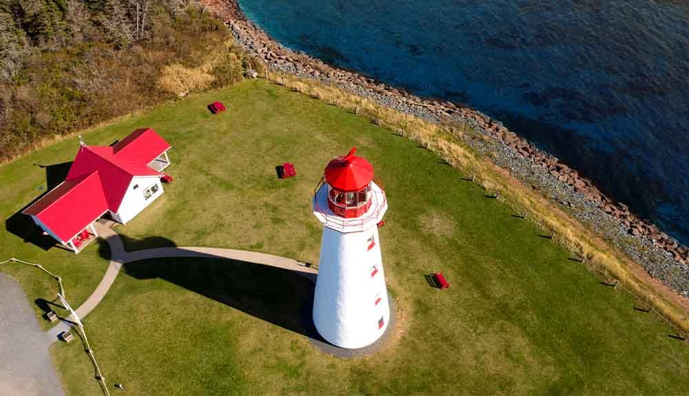 A lighthouse on a grassy area by the water.