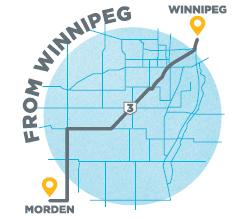 A map showing the route from winnipeg to modern.