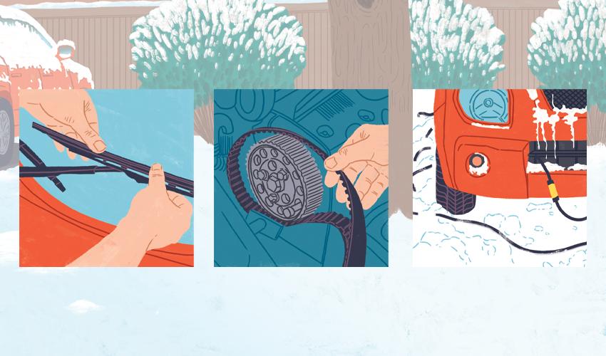 A series of illustrations showing people working on a car in the snow.