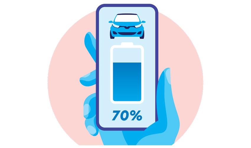A person holding a phone with a car battery on it.