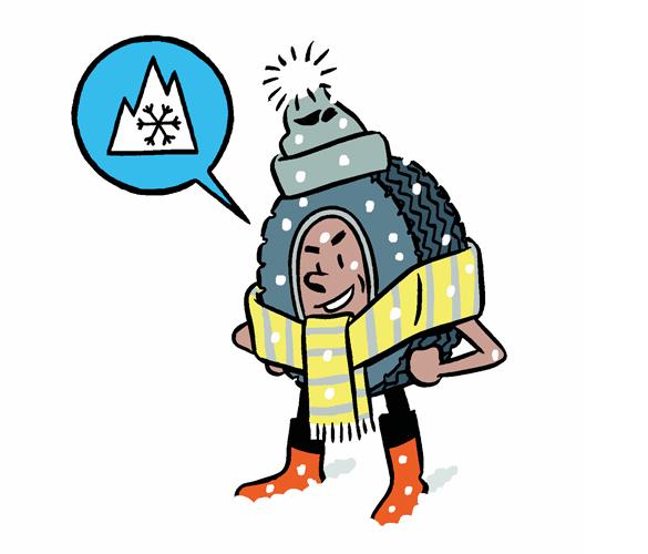 A cartoon character wearing a winter hat and scarf and holding a snow globe.