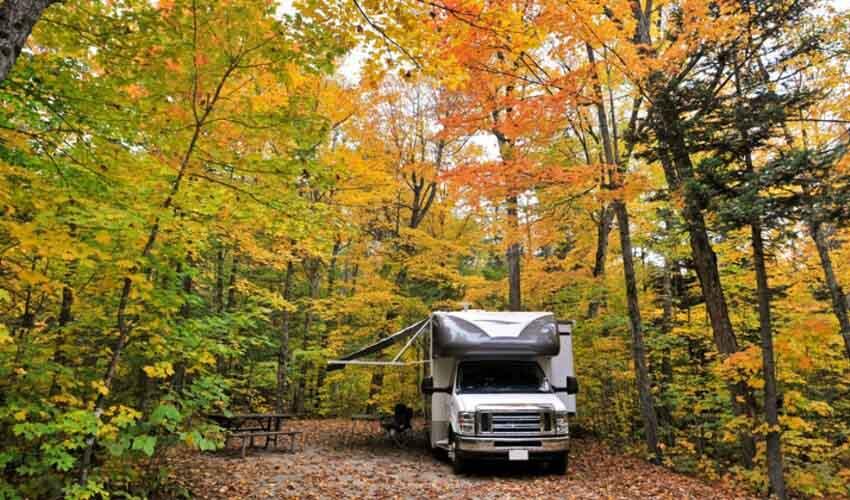 An rv parked in a wooded area in the fall.