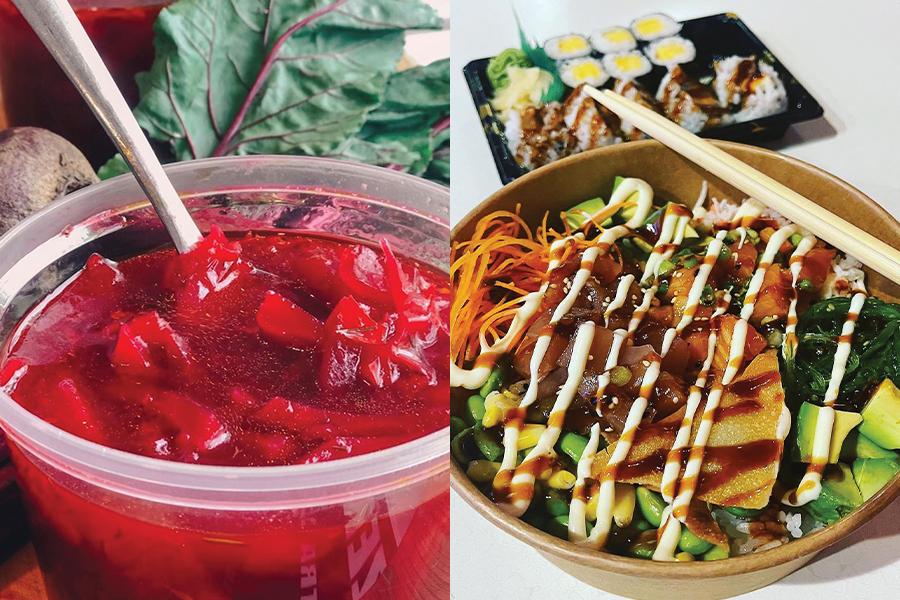 A bowl of beet salad with chopsticks and a bowl of soup.