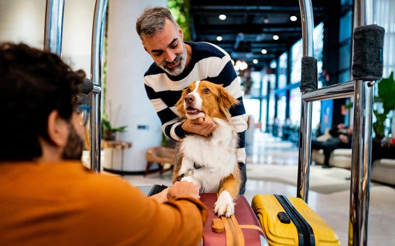 Two people and a dog in front of a hotel