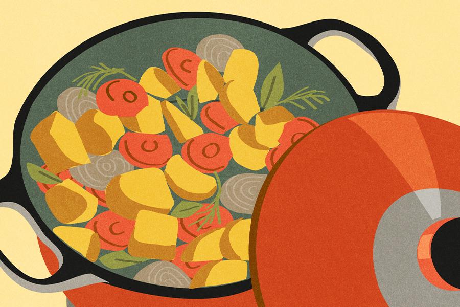 An illustration of a pot with vegetables in it.