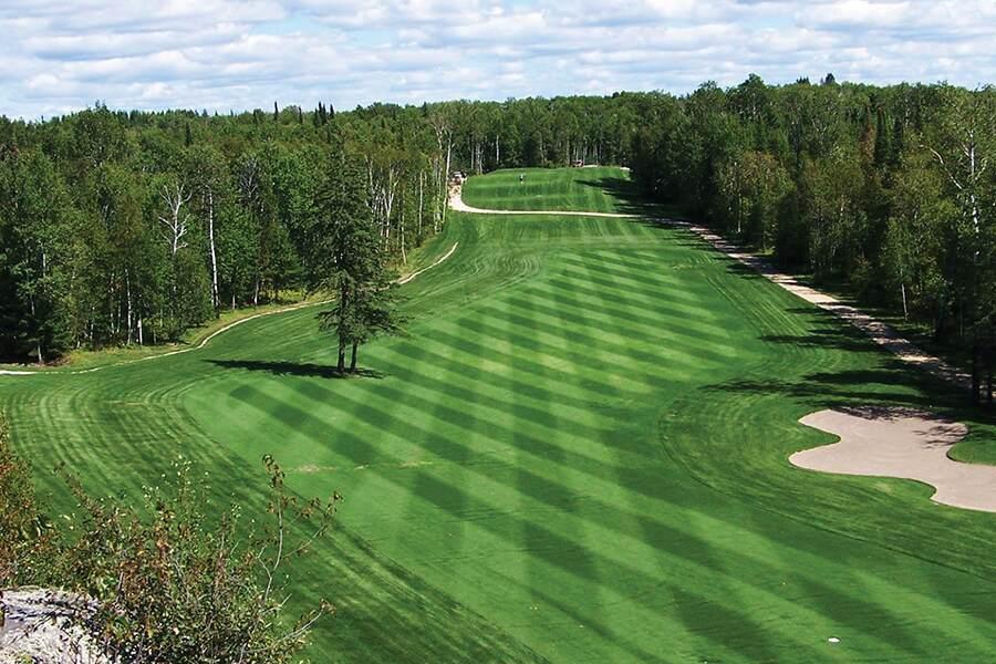 A well-manicured golf course with lush fairways, sand bunkers, and surrounding trees.