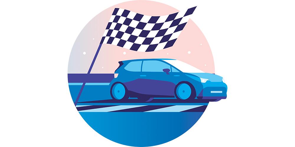 A blue car with a checkered flag on the road.