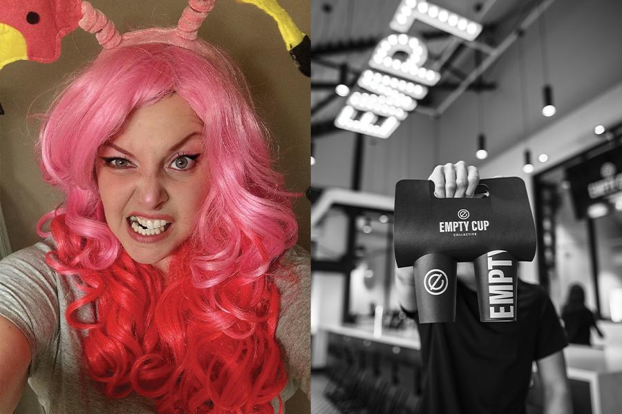 A woman with pink hair and a pink wig.